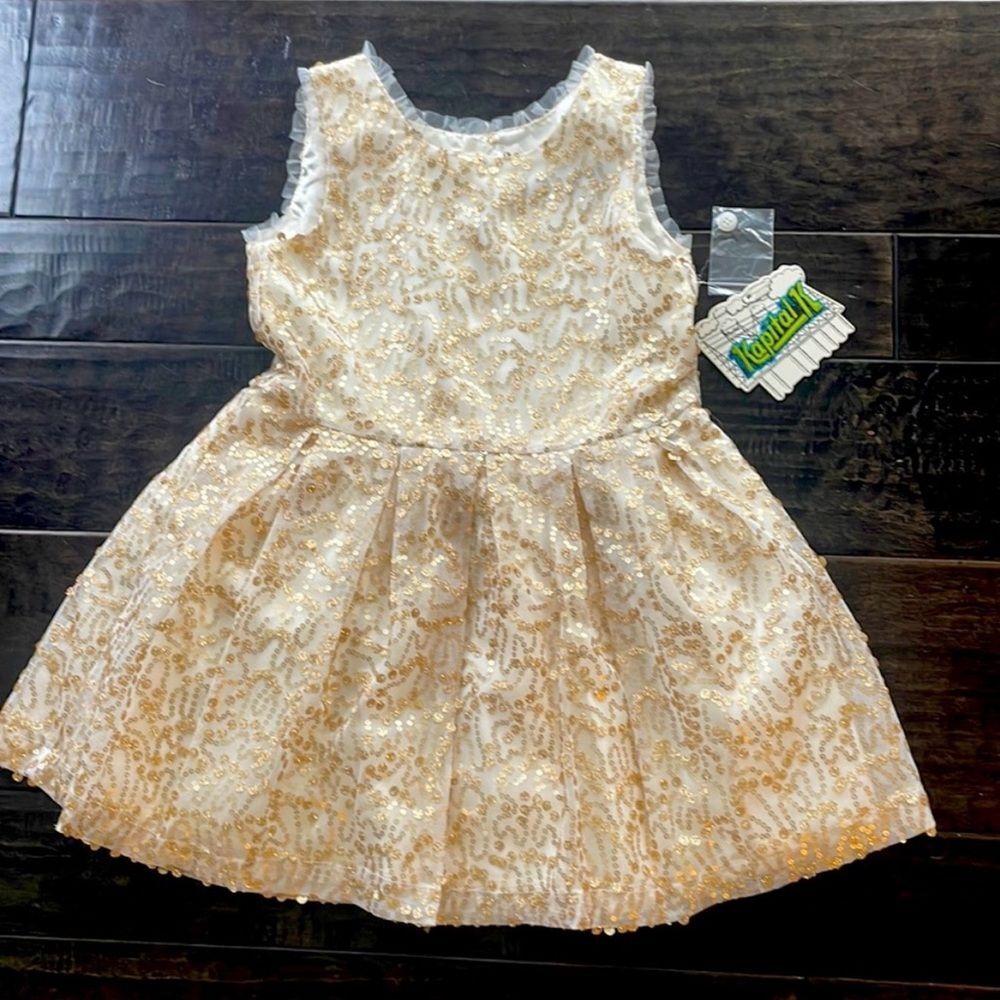 Gold and White Sequin Sleeveless Dress. Size 4